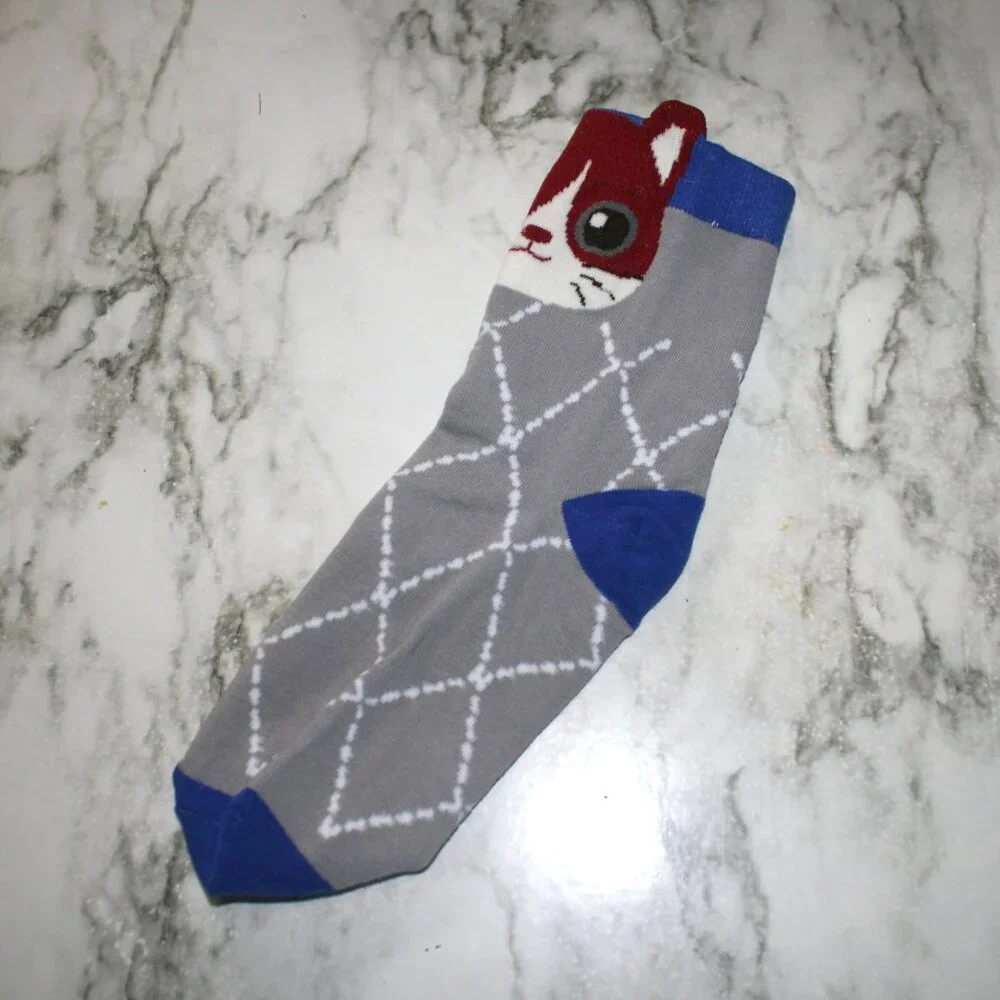 CAT LADY Socks Ankle Short Anklets Animal Print Plaid Blue Grey Geometric Print